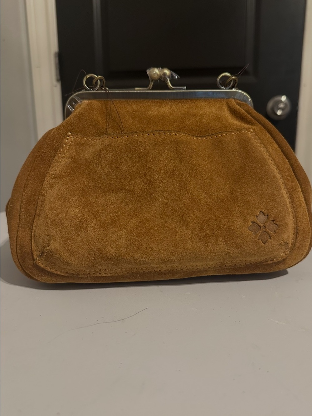 Frame Suede Kiss-Lock Bag in Chestnut Brown